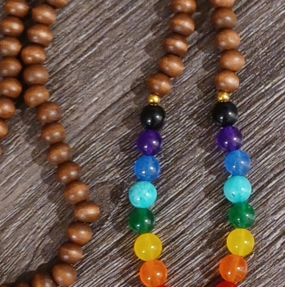 7 CHAKRA GEMSTONES & WOOD BEADS STRUNG ROSARY NECKLACE WITH HAMSA HAND PROTECTIO - Picture 11 of 12